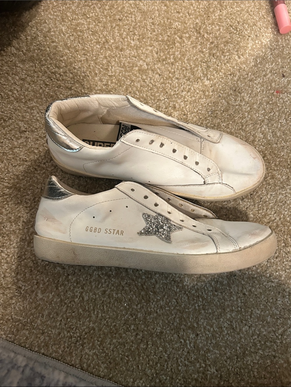 Golden Goose White Leather Sneakers with Silver Heel and Glitter Star See Desc.
